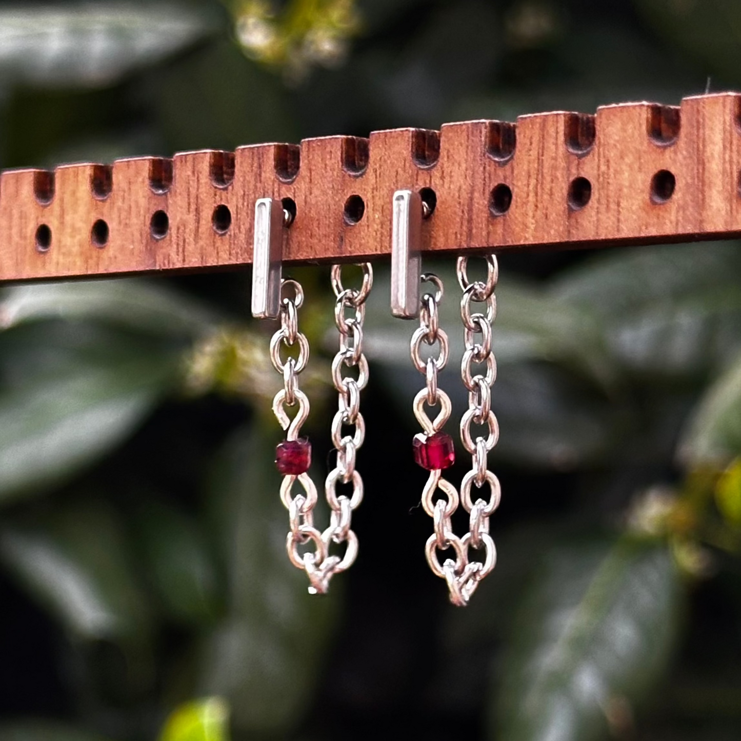 Silver and Garnet Chain Earrings